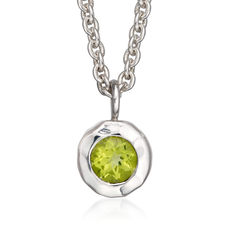 Sterling silver pendant necklace with round peridot gemstone in scalloped bezel