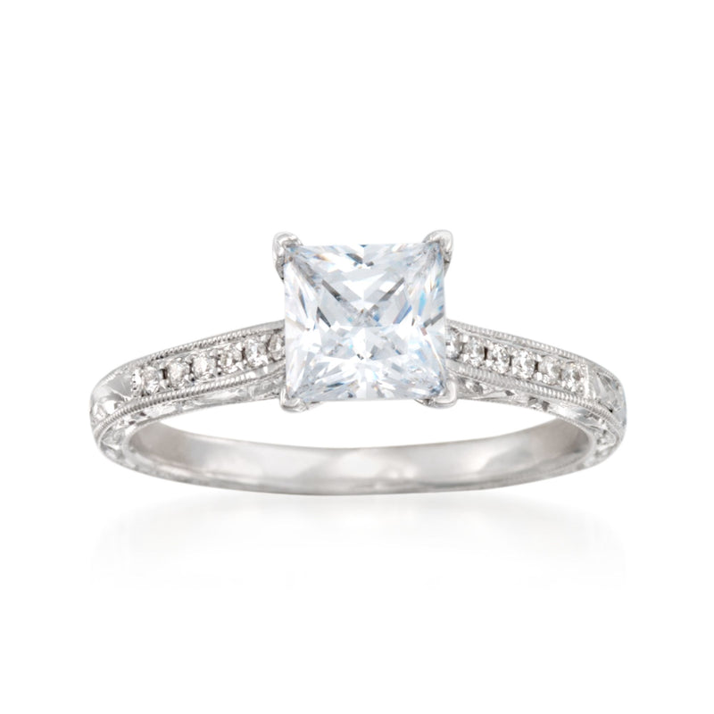 14kt white gold diamond engraved engagement ring setting with princess-cut center stone