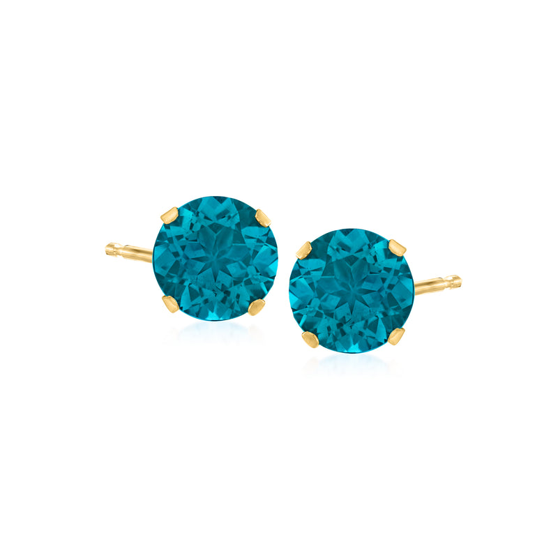 London blue topaz stud earrings in 14kt yellow gold, round blue stones