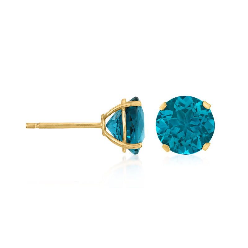 Side view of London blue topaz stud earrings, round blue stones in 14kt yellow gold