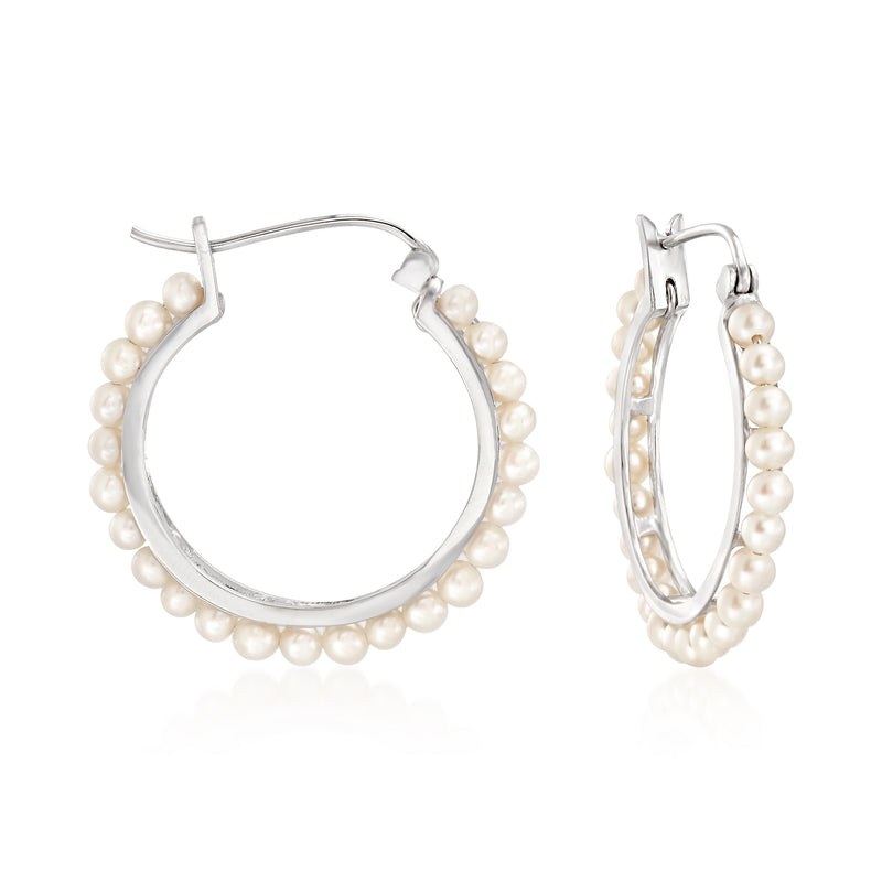 Sterling silver hoop earrings with cultured 3–3.5mm pearls around the rim
