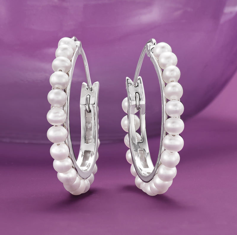 Sterling silver hoop earrings with cultured pearls and hinged clasp, silver tone