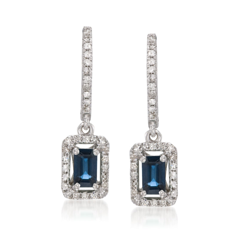 Square blue sapphire halo drop earrings in 14kt white gold with diamond accents.