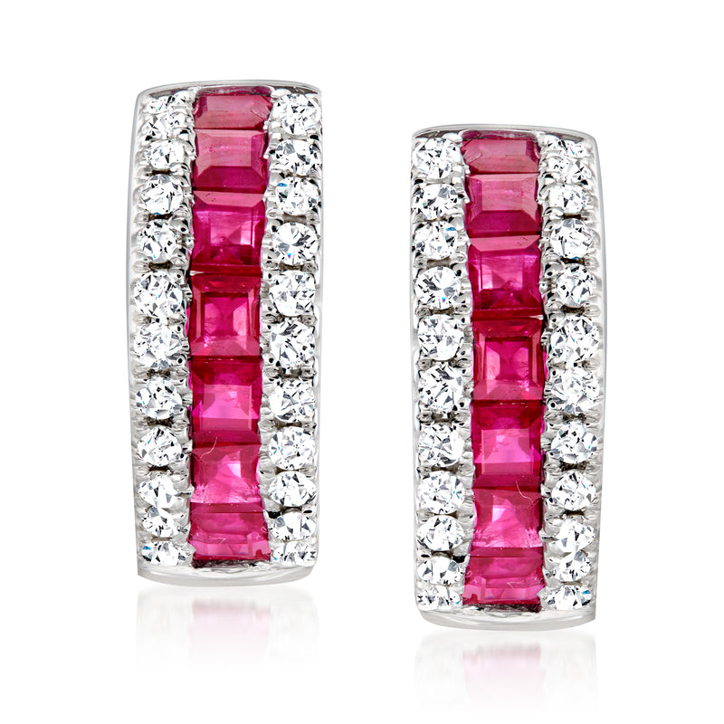 Ruby and diamond hoop earrings in 14kt white gold with pink baguette detail