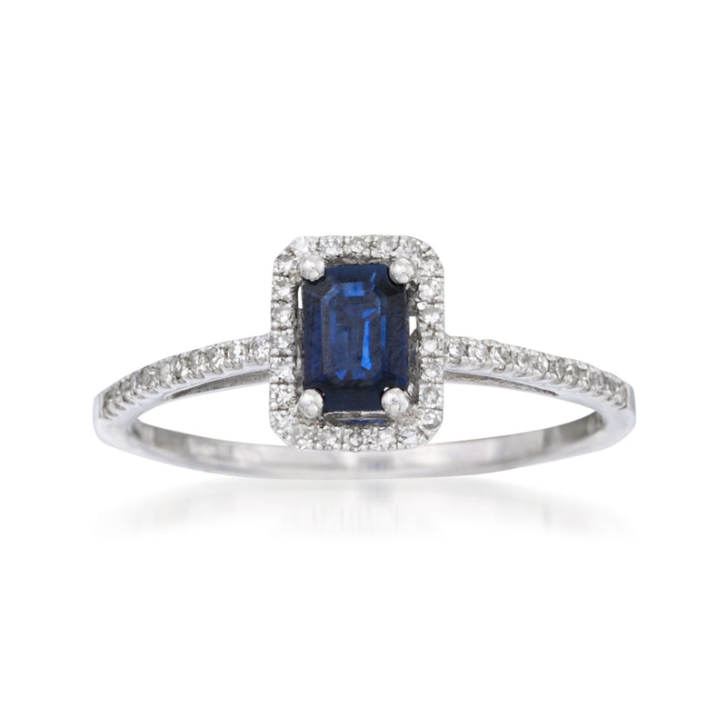 14kt white gold ring with square blue sapphire center and diamond halo