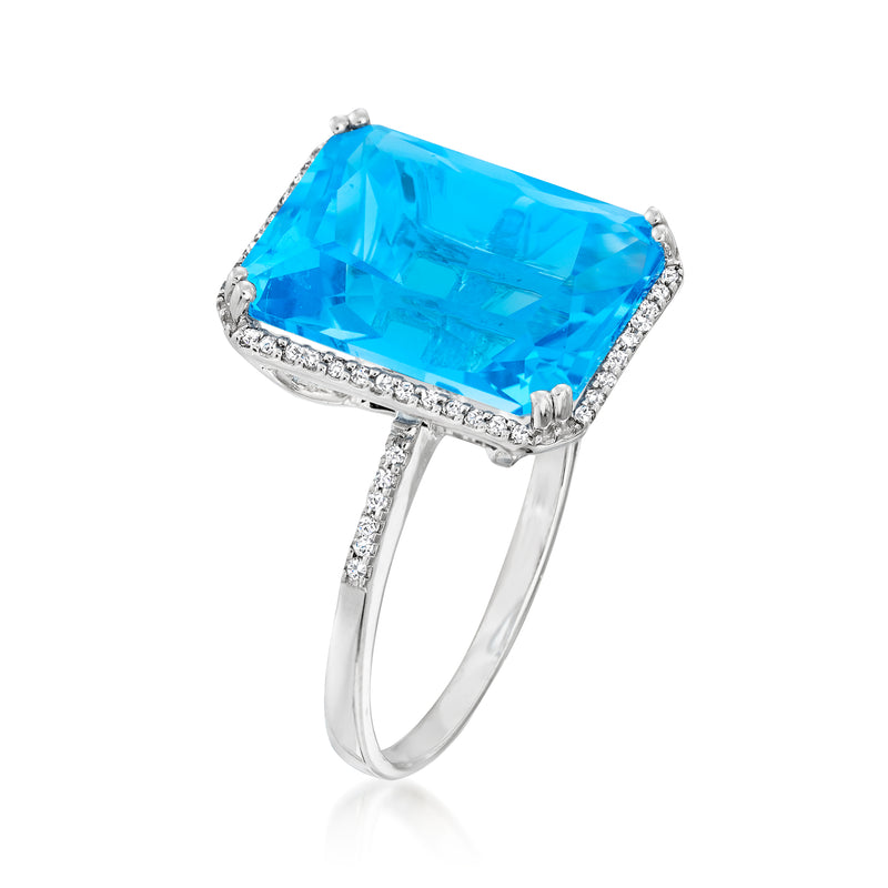 Blue topaz cushion-cut ring with diamond-accented split shank, white gold
