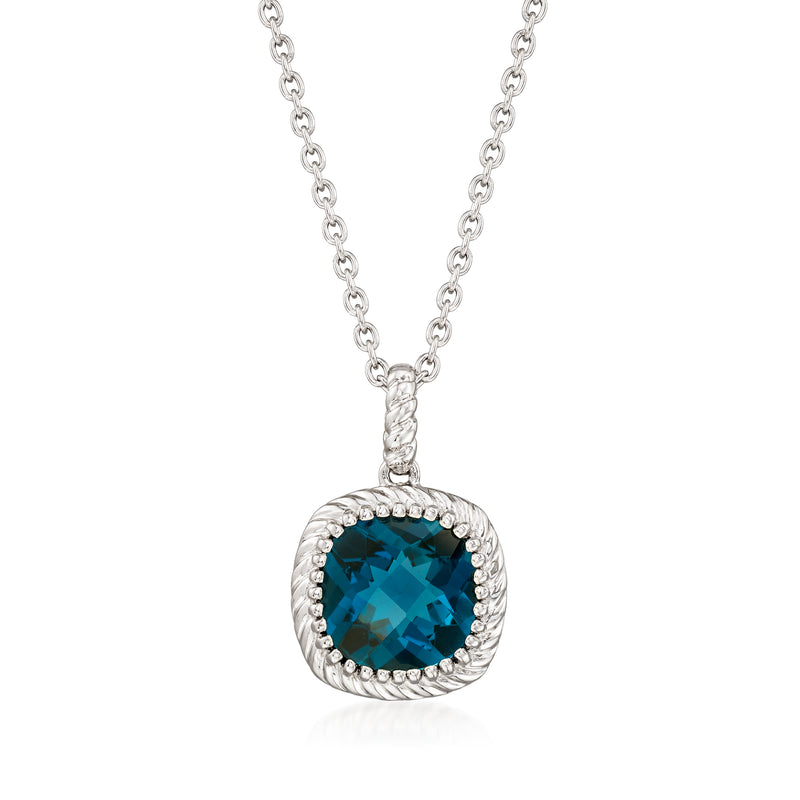 Sterling silver pendant necklace with London blue topaz oval in beaded halo