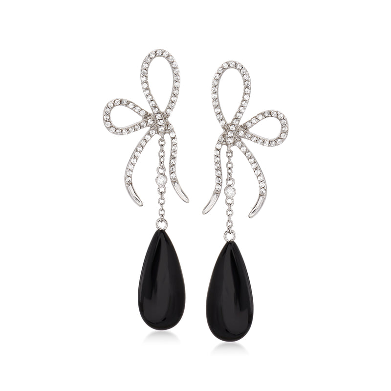 Sterling silver bow drop earrings with rhinestone bows and black teardrop stones