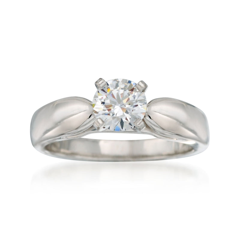 14kt white gold cathedral engagement ring setting with round center diamond and split shoulders