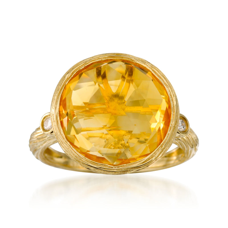 14kt yellow gold citrine ring with diamond accents, round halo setting