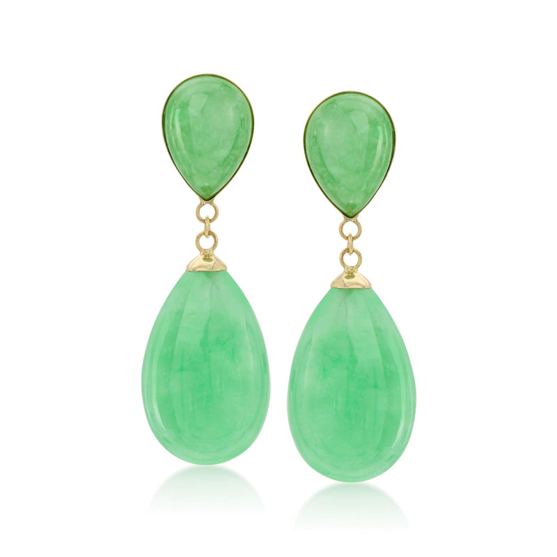 Teardrop jade drop earrings in 14kt yellow gold, green stone with gold hooks