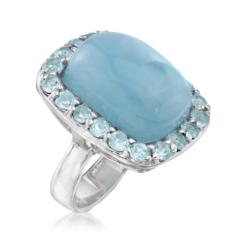 Sterling silver ring with oval sky-blue center stone, surrounded by light-blue stones