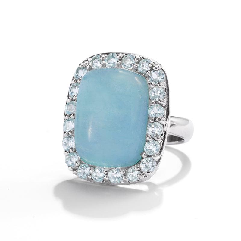 Sterling silver oval sky-blue gemstone ring with light-blue stone halo