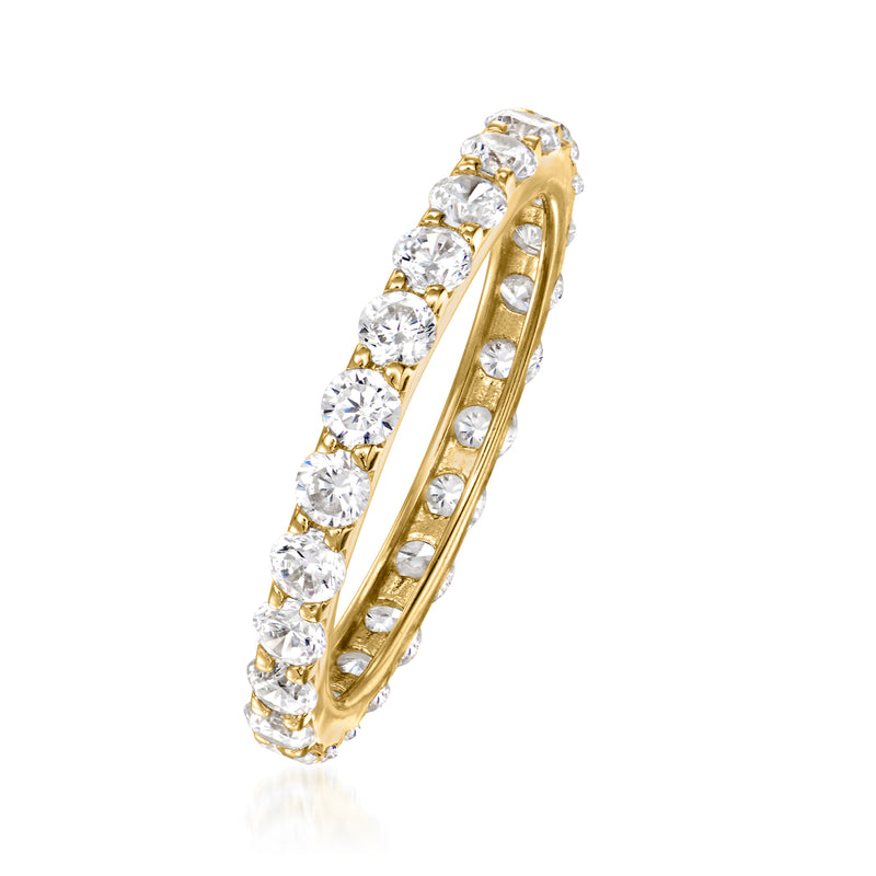 14kt yellow gold eternity band with round CZ stones, angled view