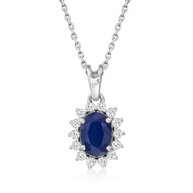 14kt white gold pendant necklace with oval blue sapphire and diamond halo
