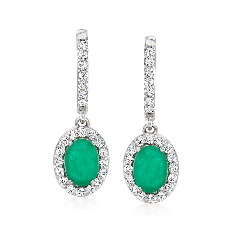 14kt white gold oval emerald drop earrings with diamond halo, hoop style