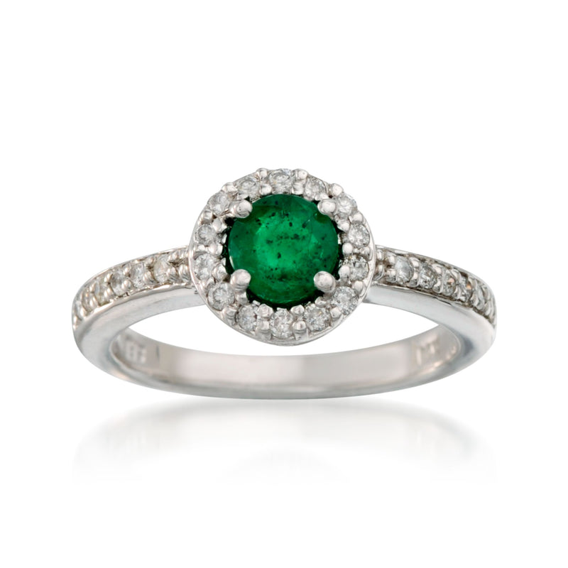 14kt white gold emerald and diamond halo ring with pavé shoulders