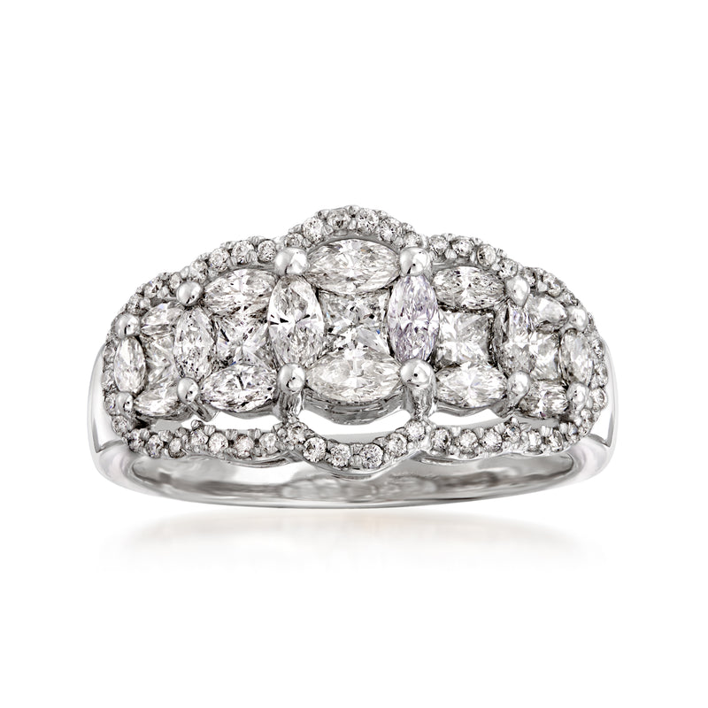14kt white gold diamond cluster ring with oval center stone and round side diamonds