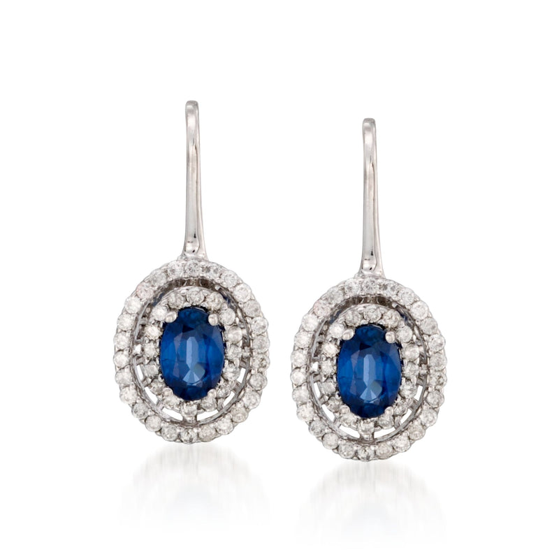14kt white gold sapphire and diamond halo drop post earrings with blue center stones