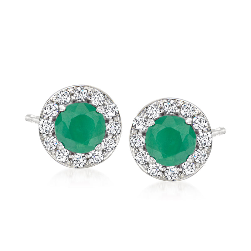 Emerald and diamond stud earrings in 14kt white gold, green center stones with halo