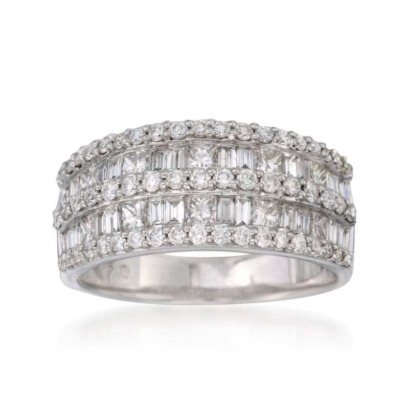 14kt white gold diamond ring with three rows of baguette and round stones