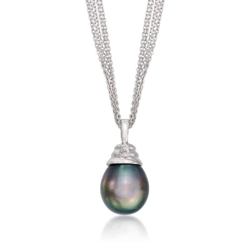 Sterling silver pearl necklace with iridescent dark drop pendant