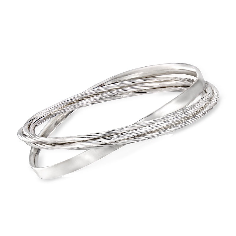 Sterling silver textured and polished rolling bangle bracelet, shiny multi-strand design