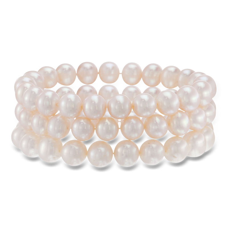 Cultured pearl bracelet set with three strand stretch bracelets, round white pearls