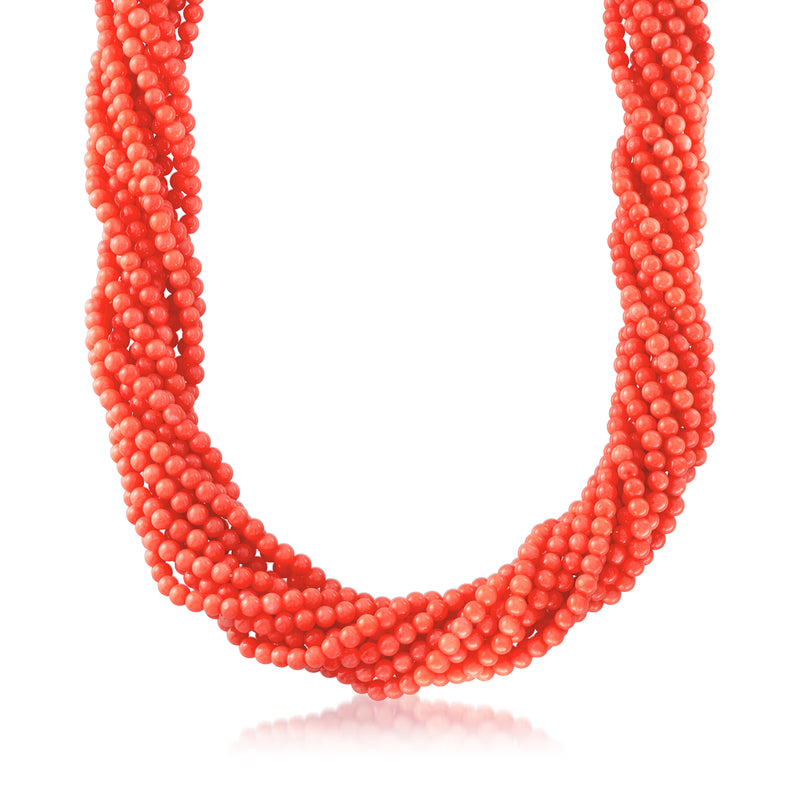 Multi-strand coral bead necklace with red bead strands, looped U-shape