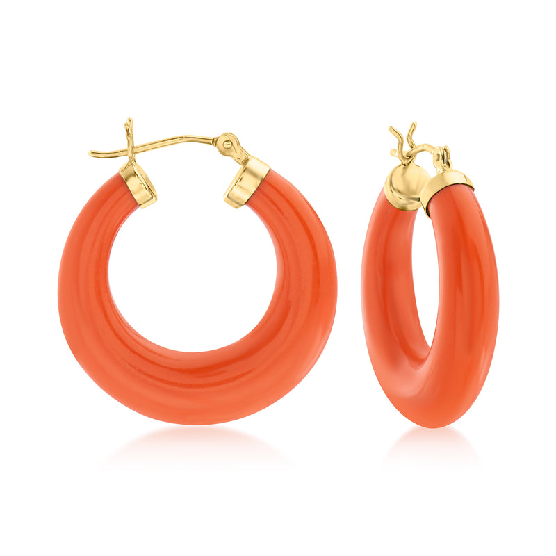 14kt yellow gold coral-colored hoop earrings with hinged back