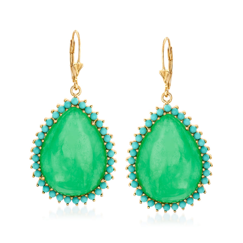 18kt gold over sterling drop earrings with green jade teardrop and turquoise bead trim