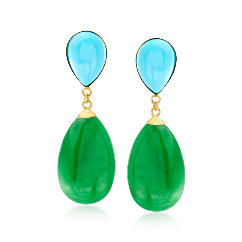 14kt yellow gold post earrings with blue and green teardrop gemstones