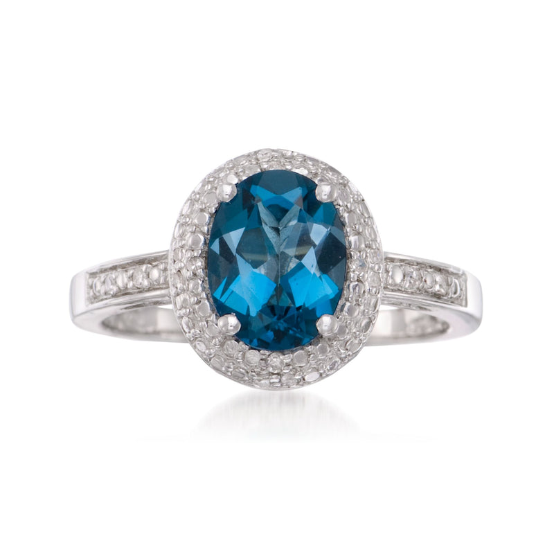 Sterling silver ring with London blue topaz center and diamond-accent halo