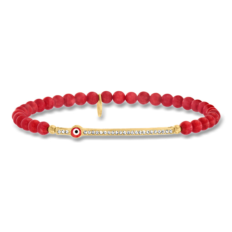 Red coral bead stretch bracelet with gold-tone evil-eye bar and CZ sparkle