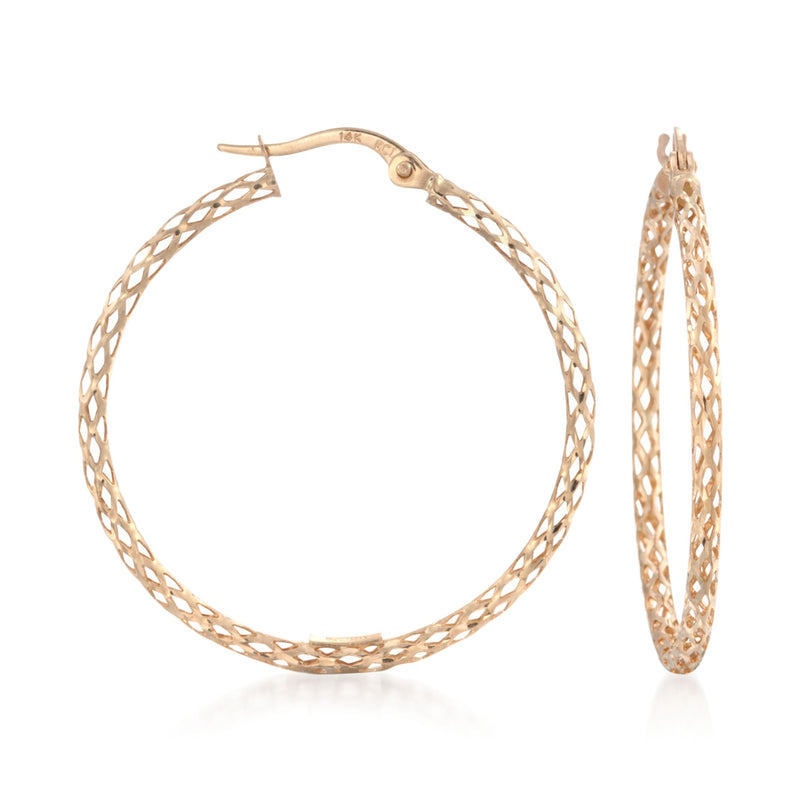 Yellow gold mesh-style hoop earring with textured wire weave, hinged clasp