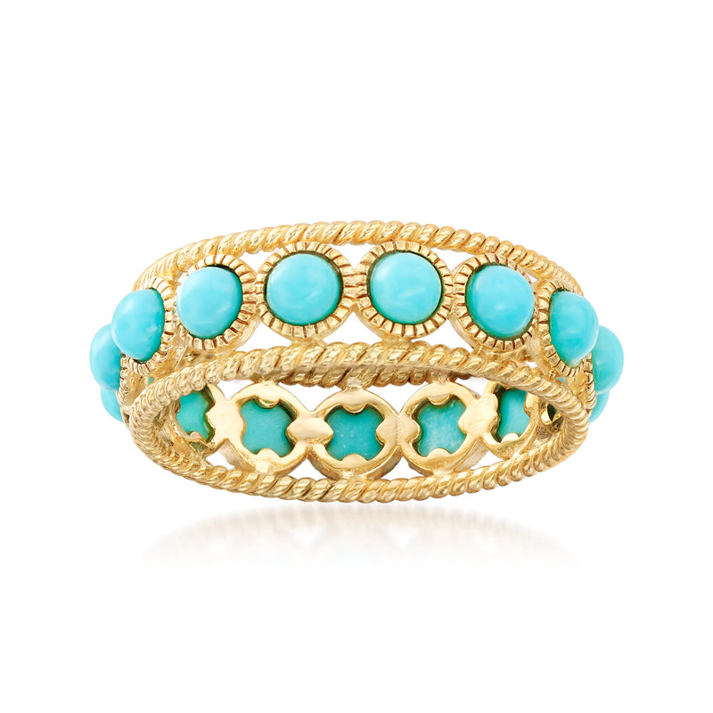Gold over silver turquoise ring with oval blue stones and scalloped cutout band