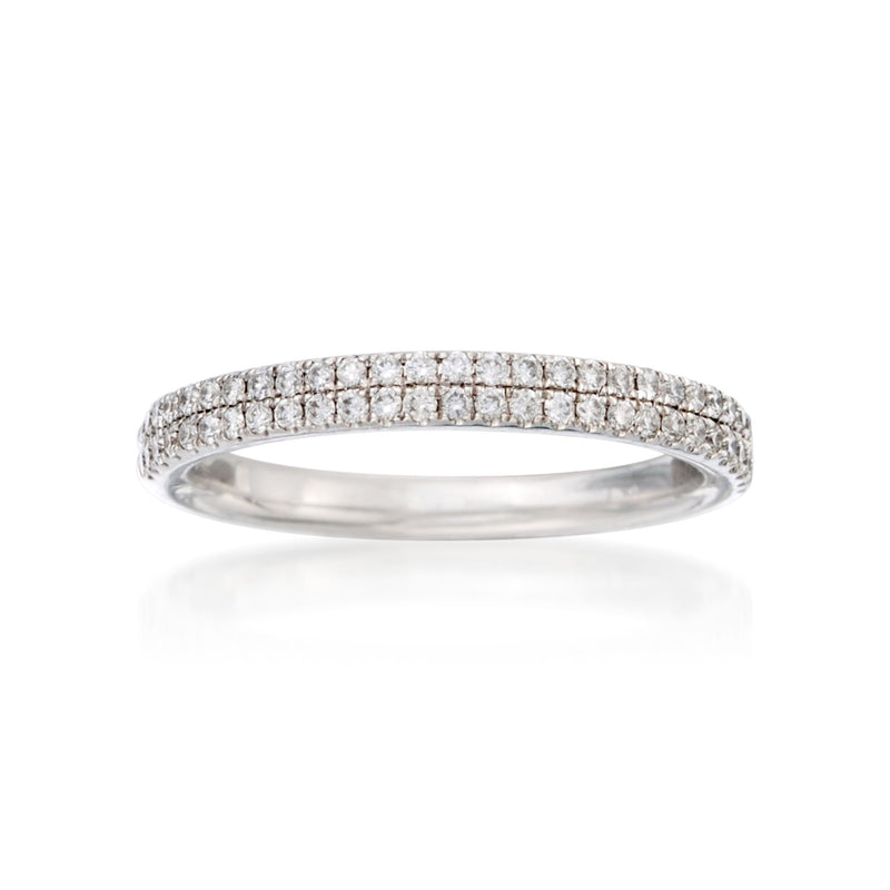18kt white gold two-row pave diamond wedding ring with bright round stones across top