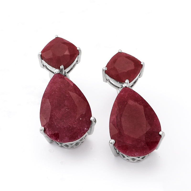 Ruby drop earrings with red teardrop gemstones in sterling silver settings