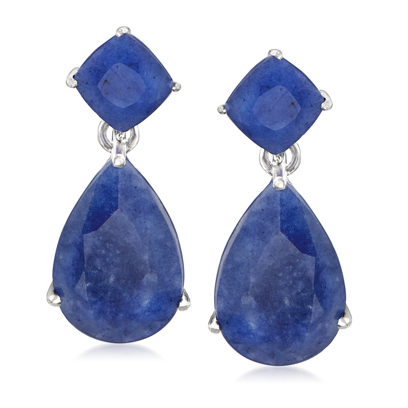 Sapphire drop earrings with cushion and pear blue stones in sterling silver hooks