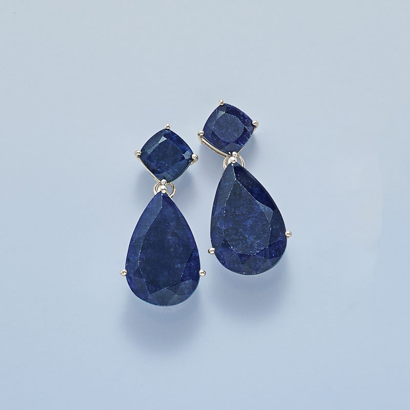 Sapphire drop earrings with two pear stones and one square stone, sterling silver