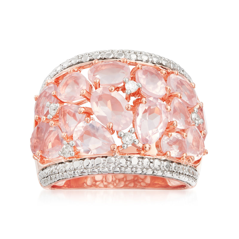 Rose quartz dome ring with diamonds in rose gold over sterling