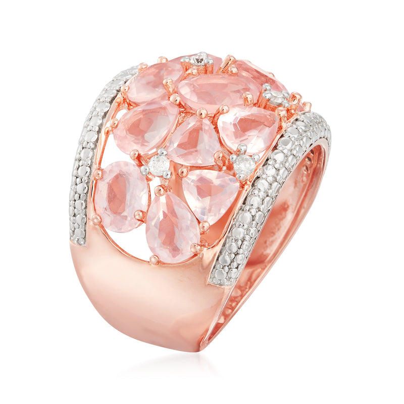 Rose quartz dome ring with diamonds in rose gold over sterling