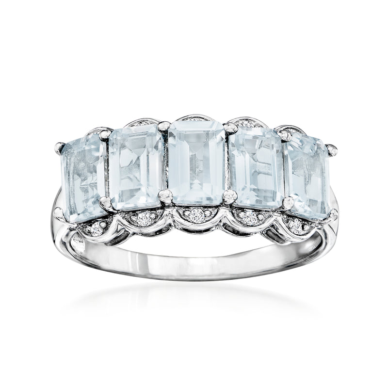 Sterling silver aquamarine ring with three rectangular stones and diamond accents