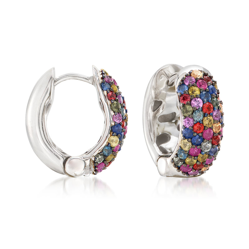 Sterling silver hoop earrings with multicolored sapphire-style gemstone row accents