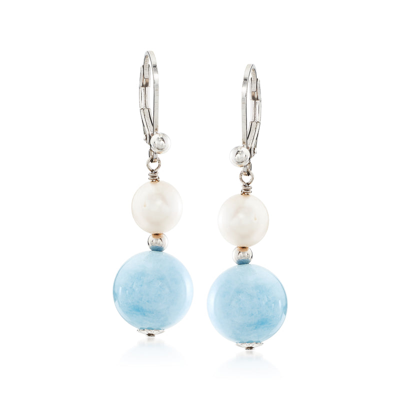 Sterling silver leverback bead drop earrings with white cultured pearls and blue aquamarine beads