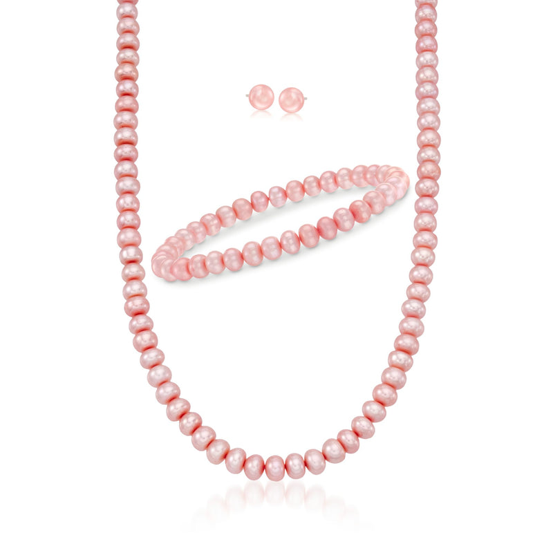 Rose cultured pearl jewelry set with pink bead necklace, bracelet, and stud earrings