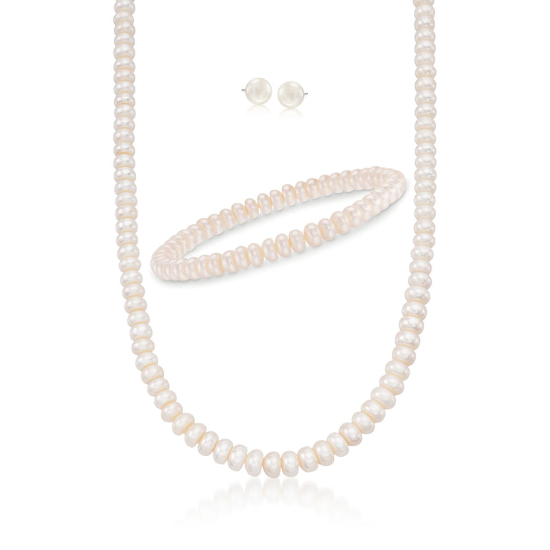 Cultured pearl jewelry set with 6-7mm necklace, matching stud earrings, sterling silver