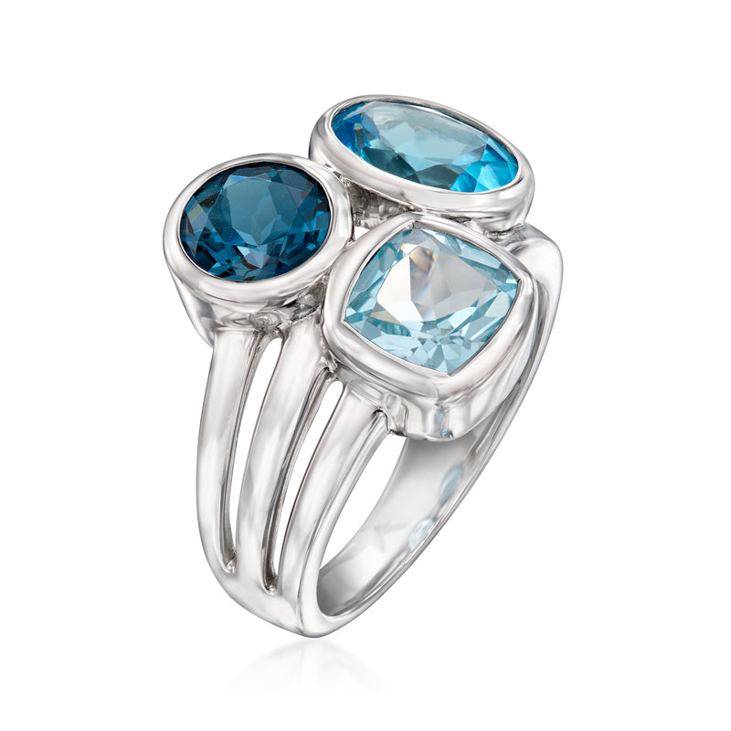 Sterling silver three-stone blue topaz ring, side view of oval bezels
