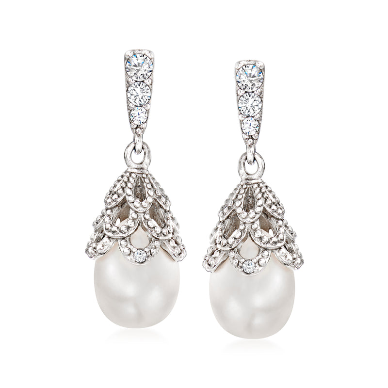 Pearl drop earrings in sterling silver with CZ accents