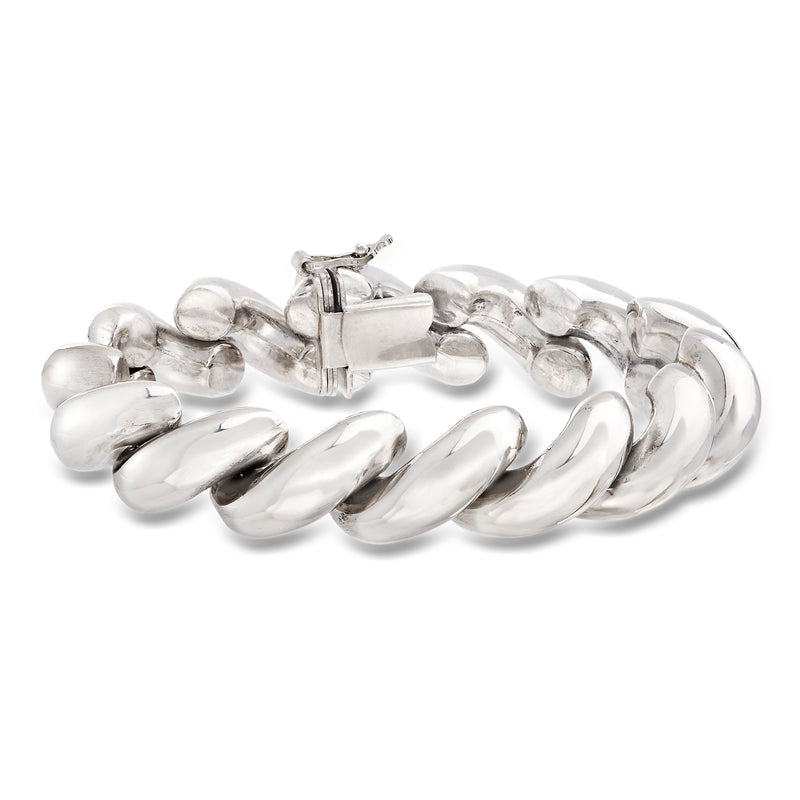 Large sterling silver curb-link bracelet with rectangular clasp and polished beads